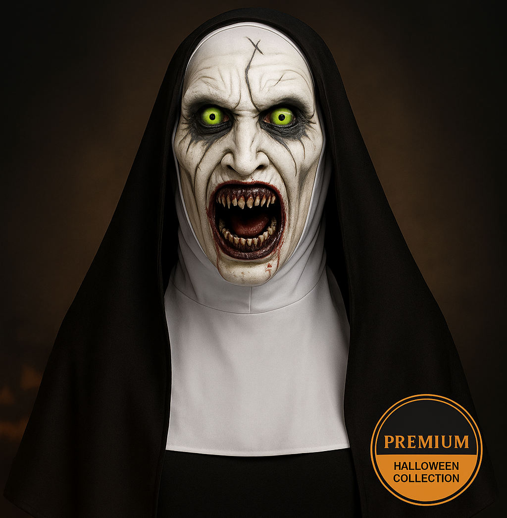 Scary Demon Nun Mask – Halloween Costume with Green Eyes and Bloody Mouth