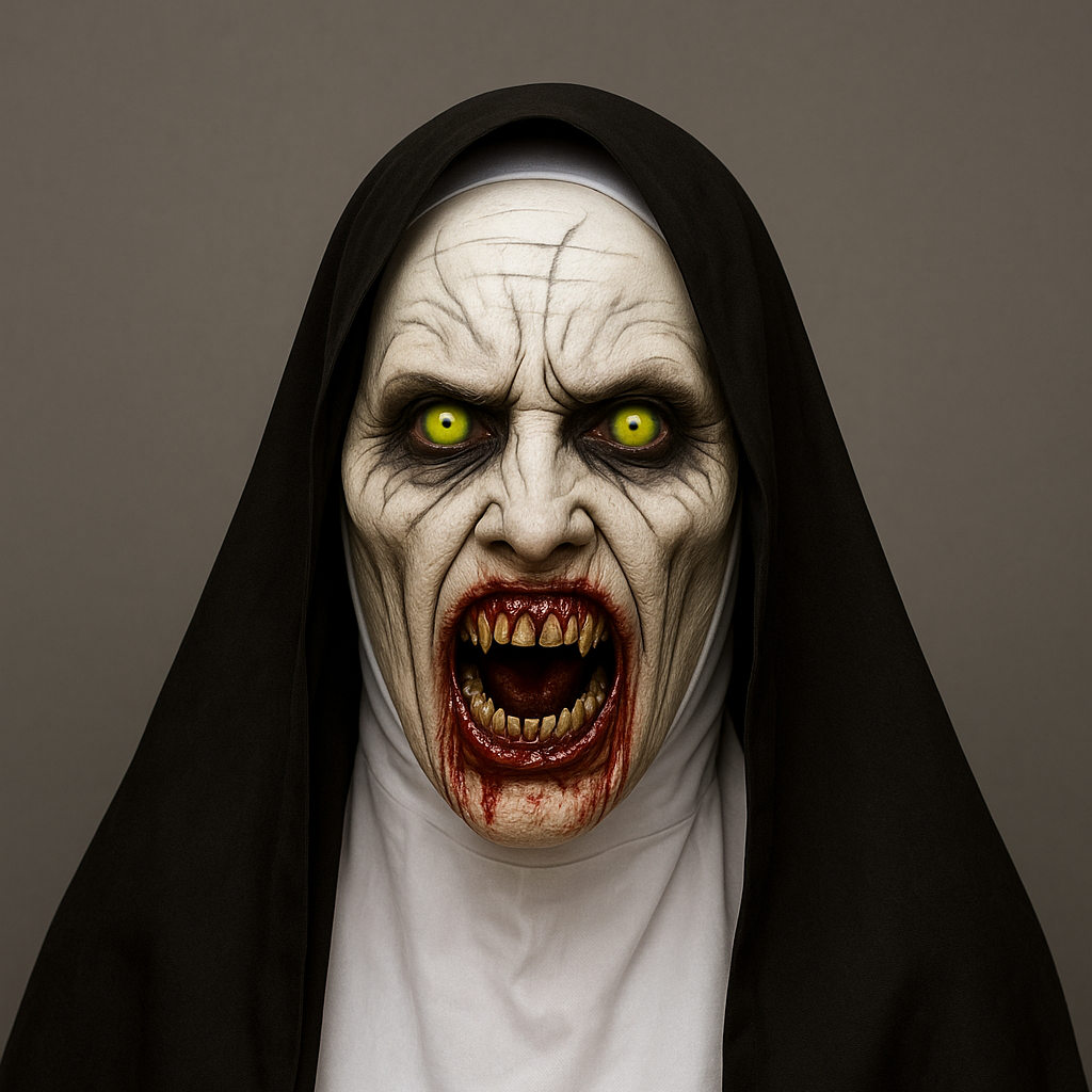 Scary Demon Nun Mask – Halloween Costume with Green Eyes and Bloody Mouth