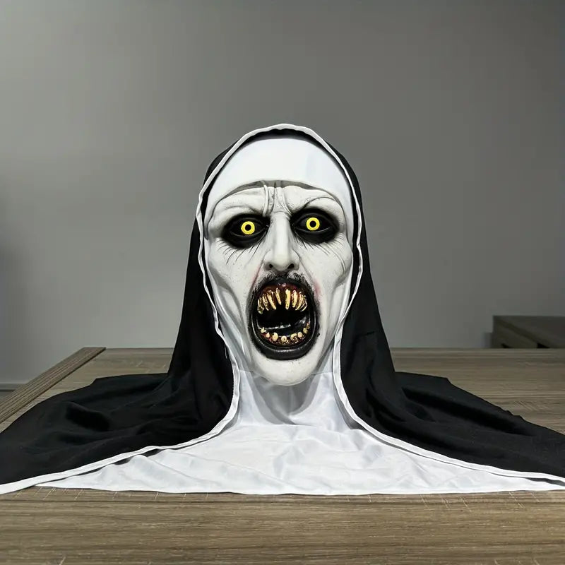 Scary Demon Nun Mask – Halloween Costume with Green Eyes and Bloody Mouth