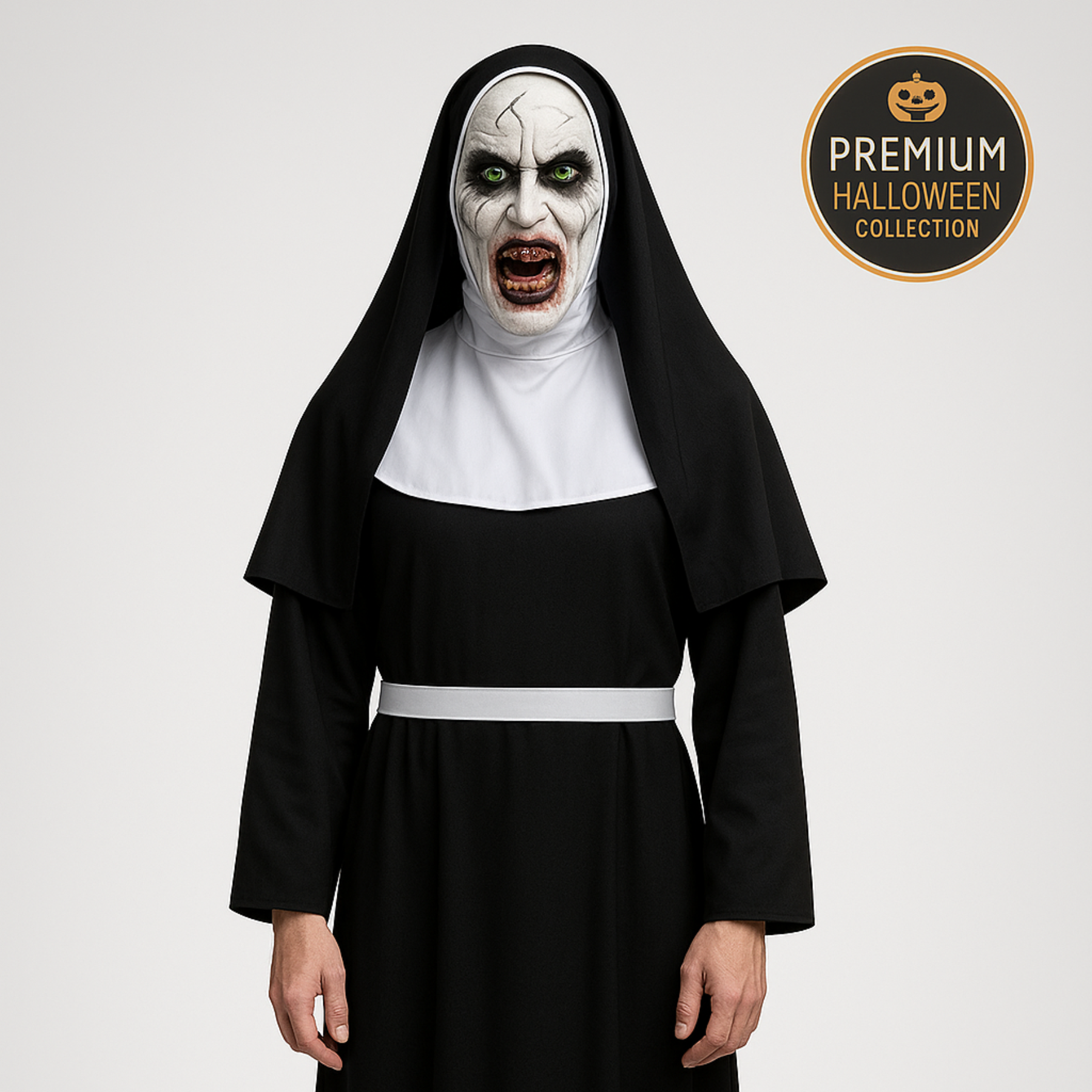 Scary Demon Nun Mask – Halloween Costume with Green Eyes and Bloody Mouth