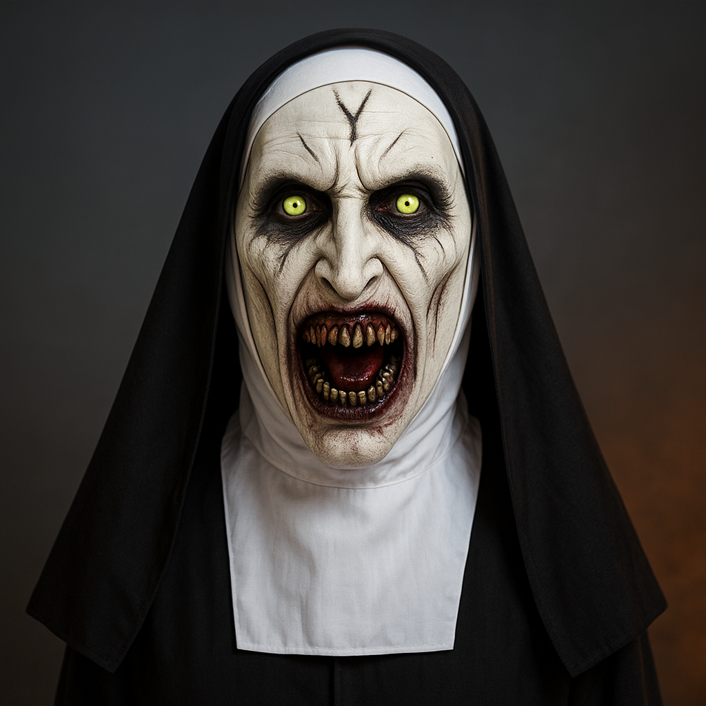 Scary Demon Nun Mask – Halloween Costume with Green Eyes and Bloody Mouth