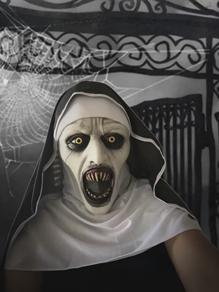 Scary Demon Nun Mask – Halloween Costume with Green Eyes and Bloody Mouth